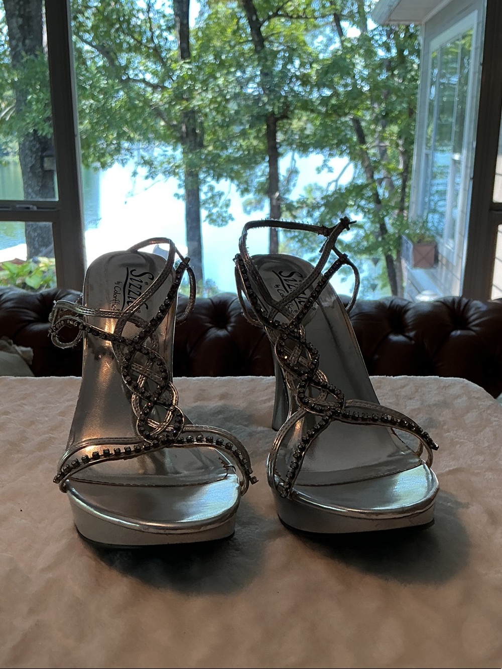 Silver Embellished Strappy High Heel Sandals - Women's Evening Shoes